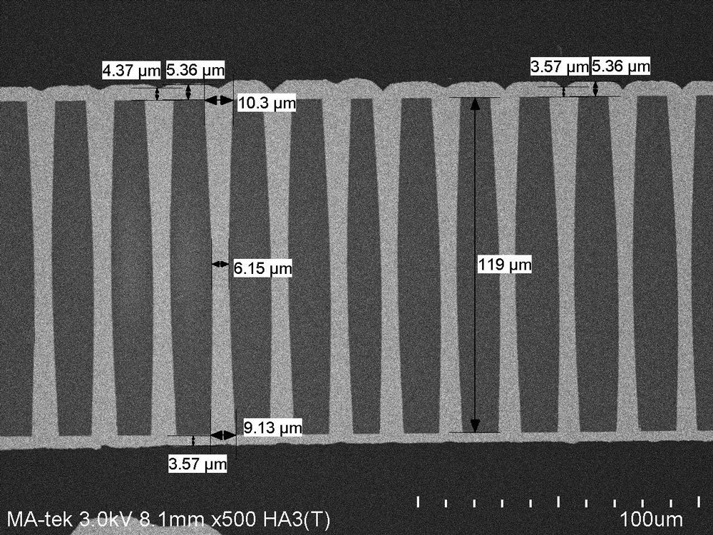 An SEM cross-section image shows that ITRI’s technology has a higher aspect ratio than currently available hole plating processes.