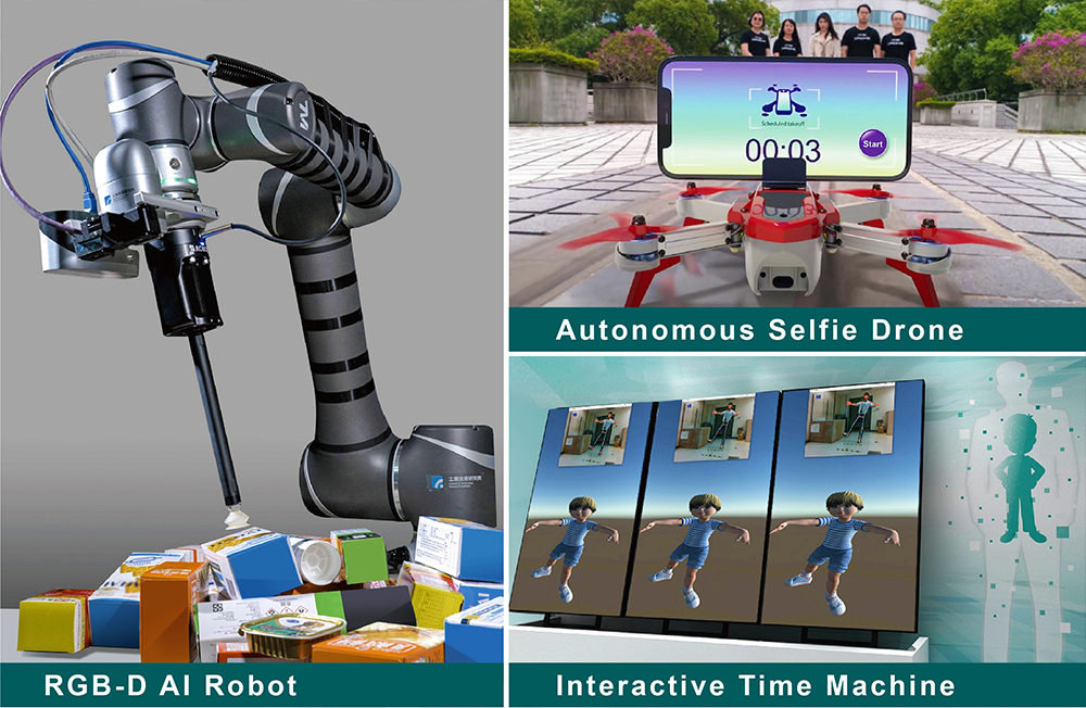 ITRI's highlight technologies in AI, robotics, and ICT included the RGB-D AI Robot, the Autonomous Selfie Drone, and Interactive Time Machine.