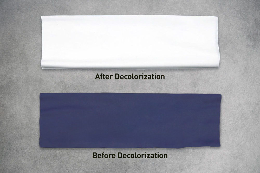 The before (lower) and after (upper) decolorization effects of PureTex on textiles.