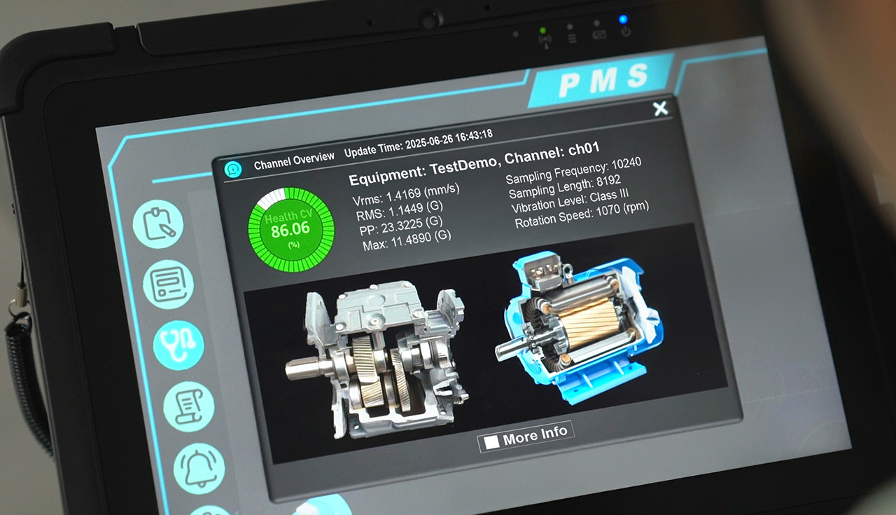 The PMS interface displays real-time equipment health insights.